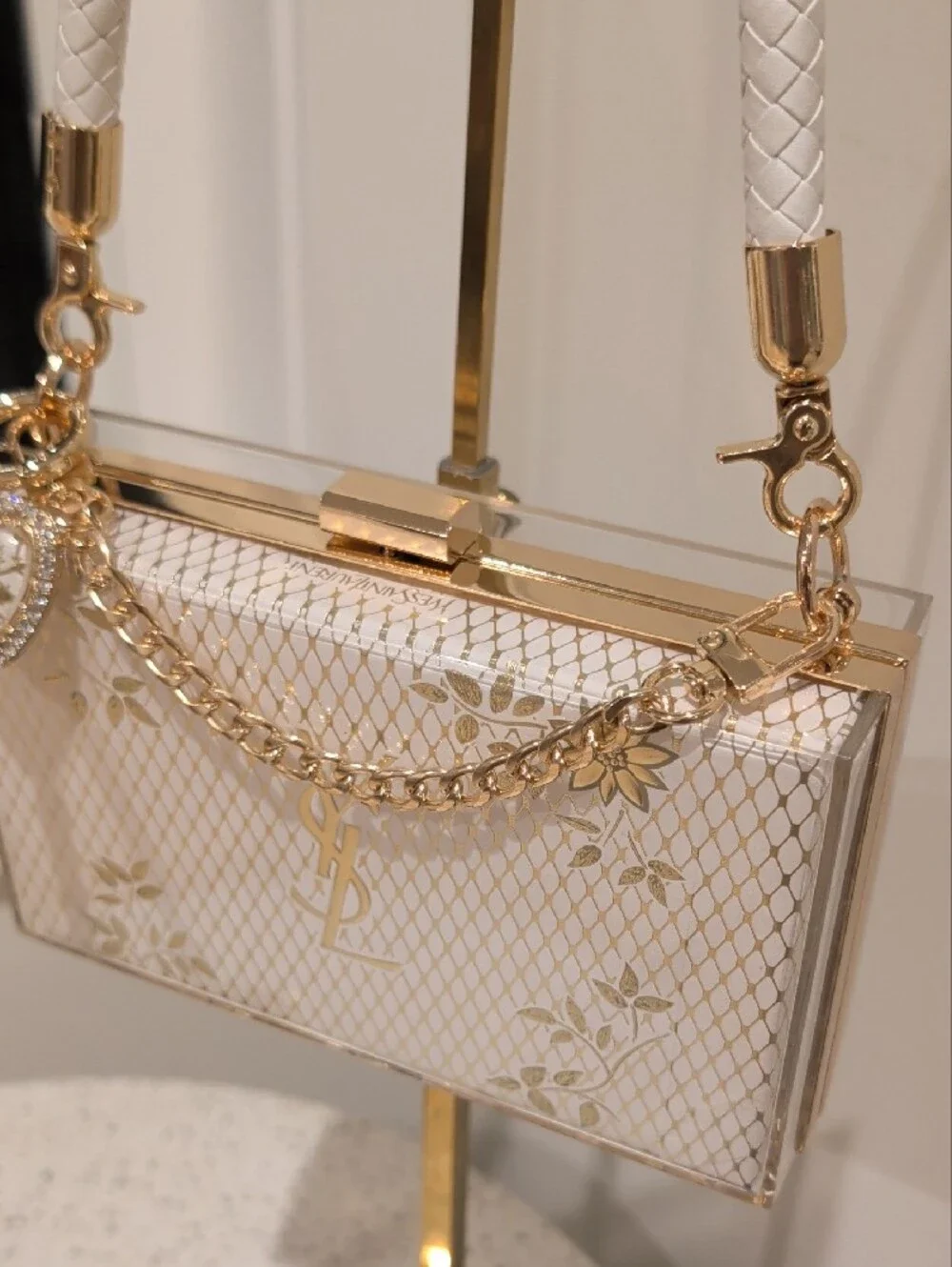 Saint Laurent White and Gold Box Clutch with Chain Charm